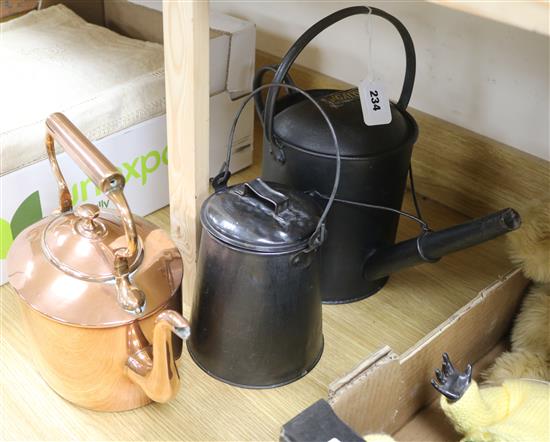 A copper kettle, a watering can and a pot tallest 34cm